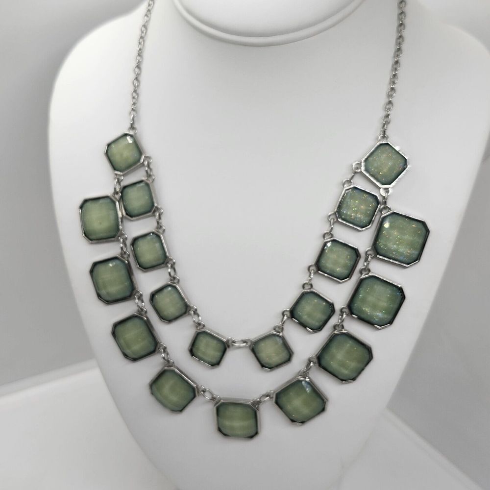 Layered‎ Green And Silver Tone Double Strand Necklace